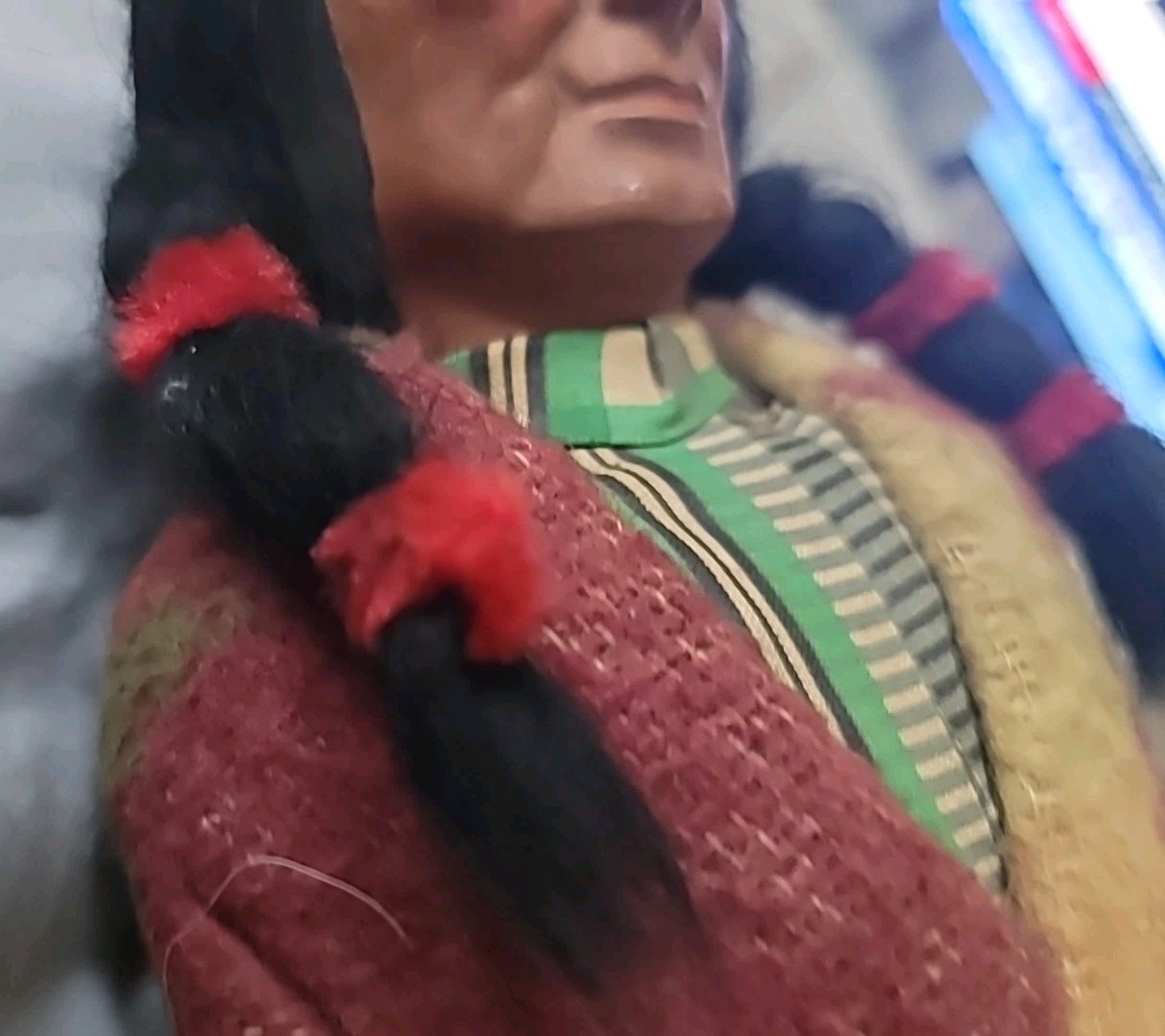 Antique Skookum Doll Early Paint Face Wool Straw Stuffed Mohair Wood Legs 15 1/2