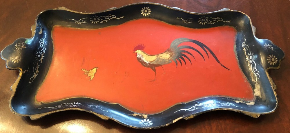 Antique Japanese Laquerware Rectangular Tray With Hand Painted Rooster