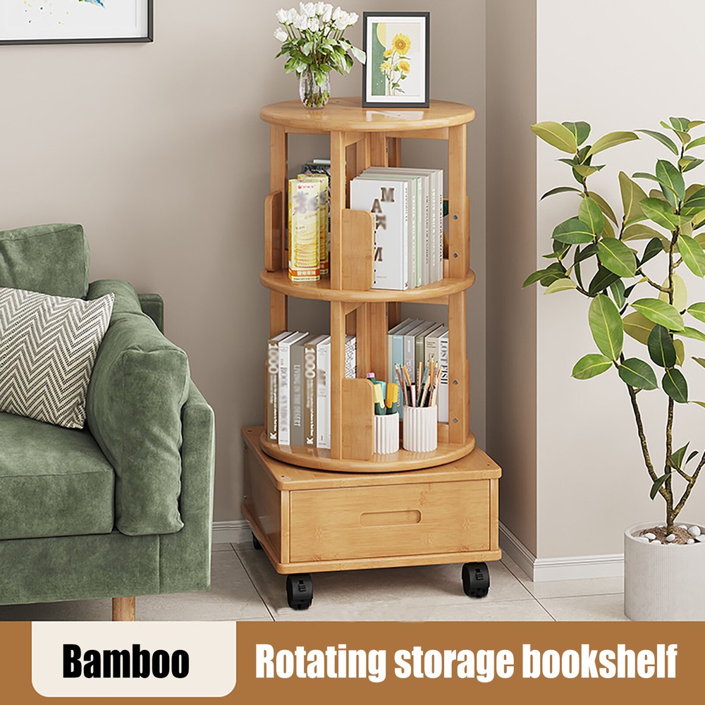 2 Tiers 360° Rotating End Table Nightstands Bedside Table Bookcase W/ Wheels