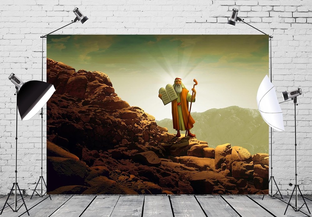 7x5ft Fabric Moses Backdrop Moses Holding Ten Commandments Tablets on Mount S...