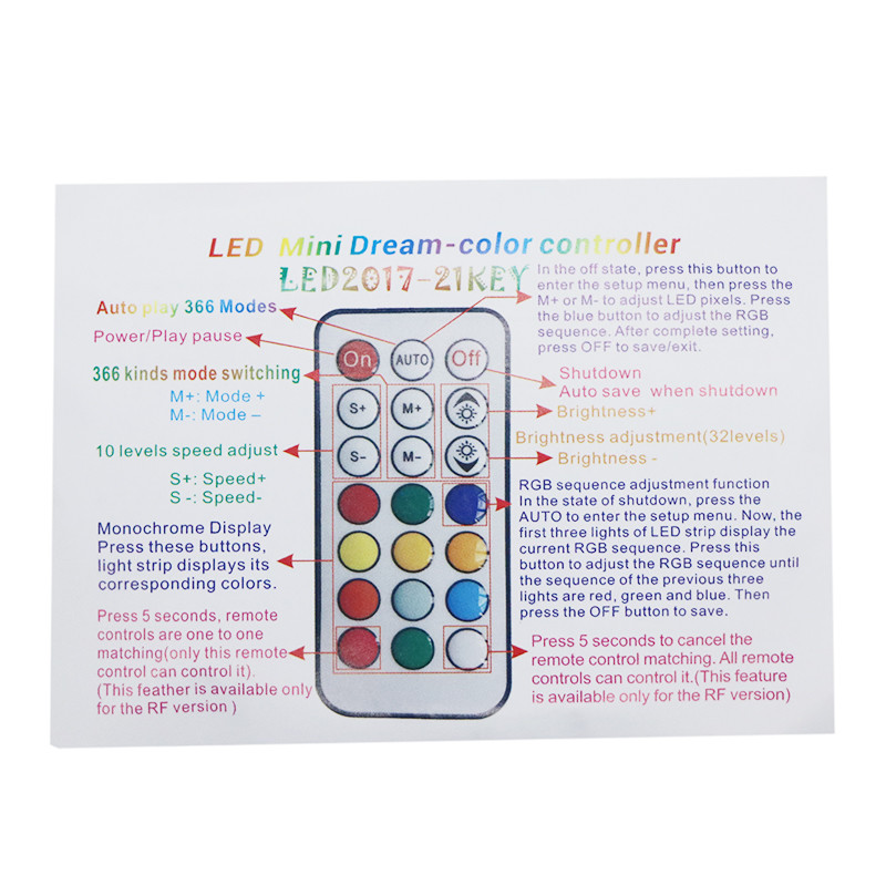 Dream Color Controller 14/21 Keys 17Key RF Remote Control DC5V-24V WS2811 Strip