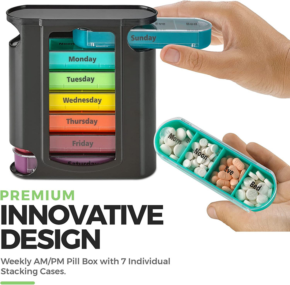 Weekly Pill Organizer, 1 Dispenser, 7 Stackable Compartments Four Times-A-Day -