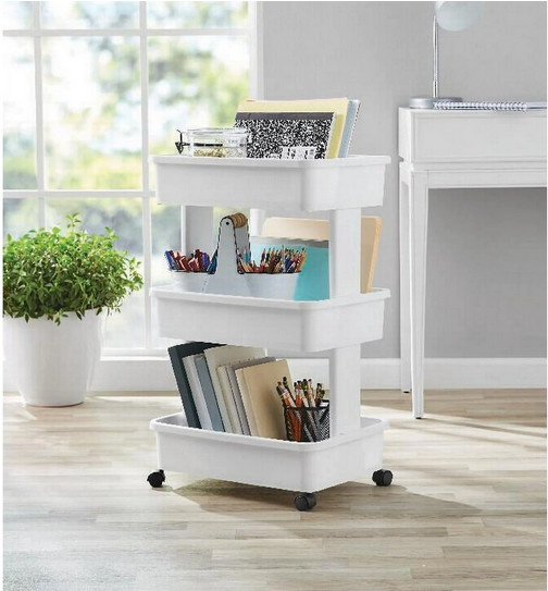 3-Tier Plastic Multi-Purpose Rolling Laundry Cart, Arctic White, Case Pack 1