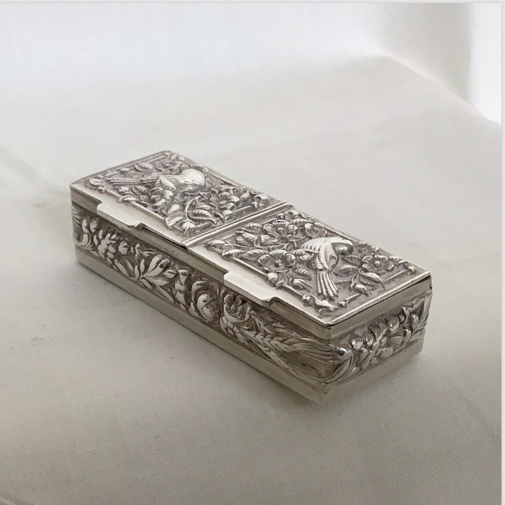Solid Silver 925 Antique Little Blush Box, Hinged Lid & Two Compartments