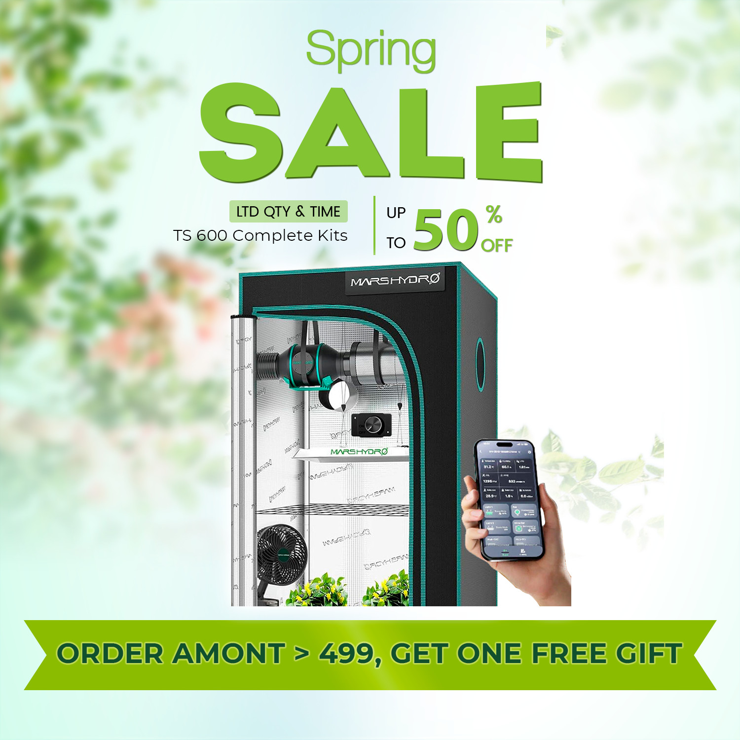 MARS HYDRO Complete Grow Tent Kit w/ LED grow light TS 600 100W,W/Inline Fan Kit