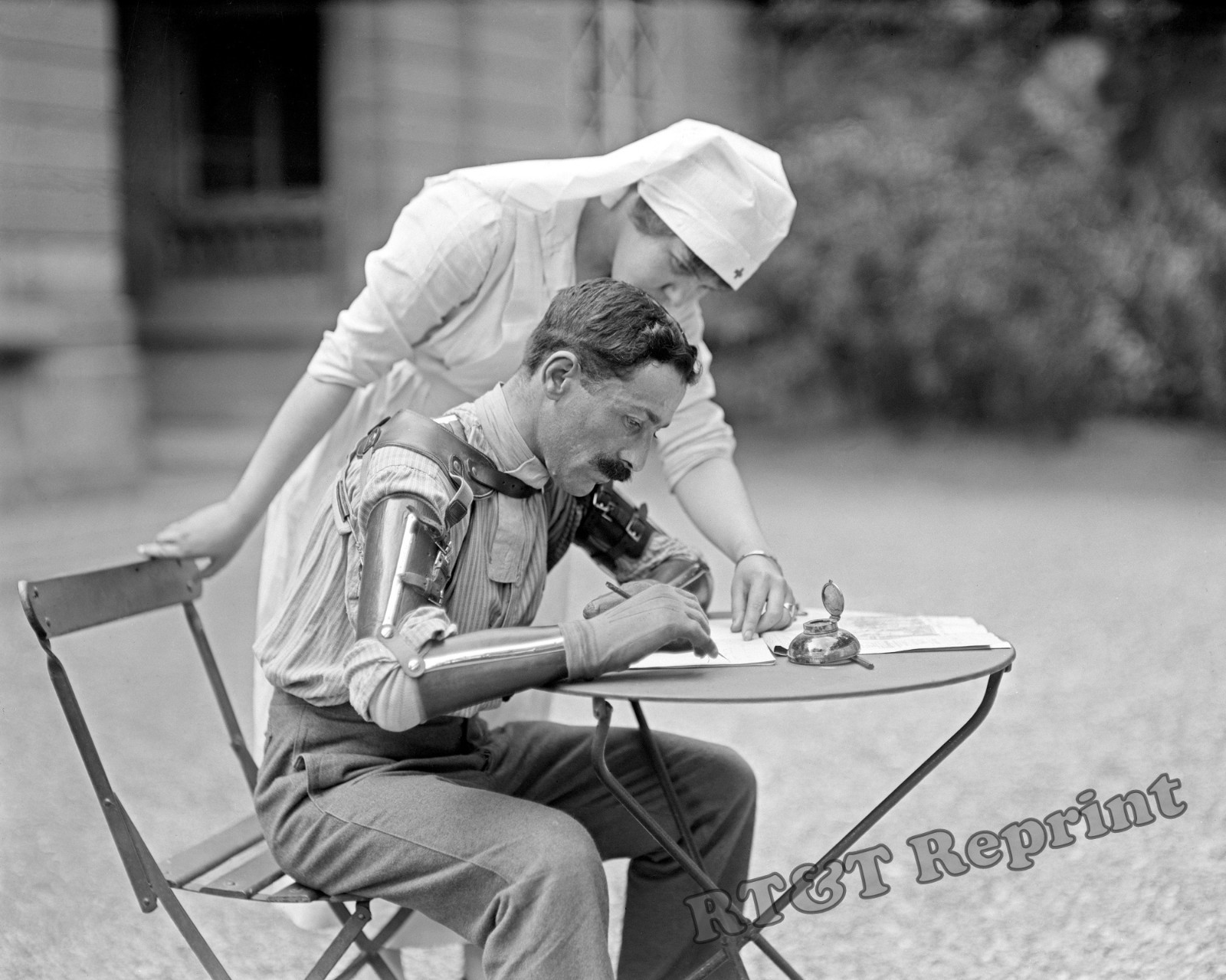 Photograph WWI French Amputee Soldier & Nurse in Paris Year 1918