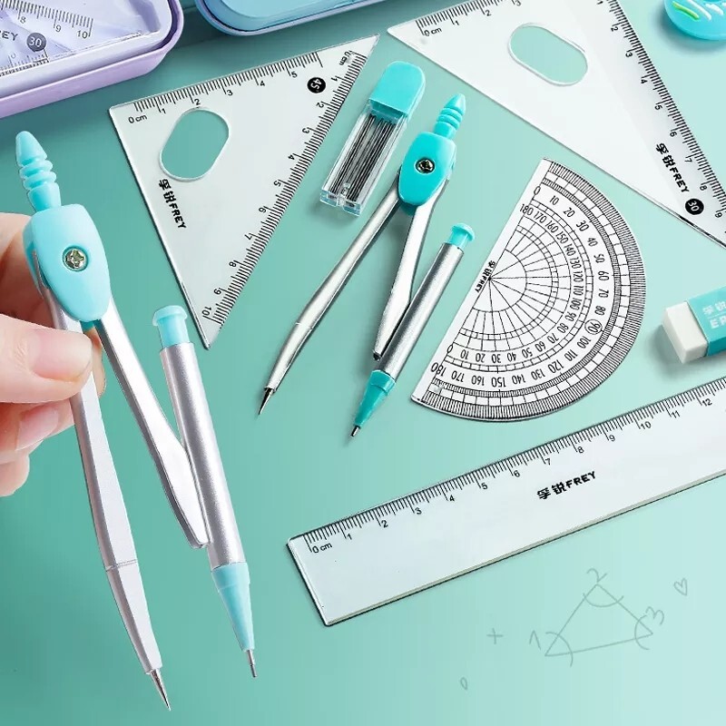 New Blue Compass Ruler 7 Pieces Set Learning Tools Math Drawing Set for Students