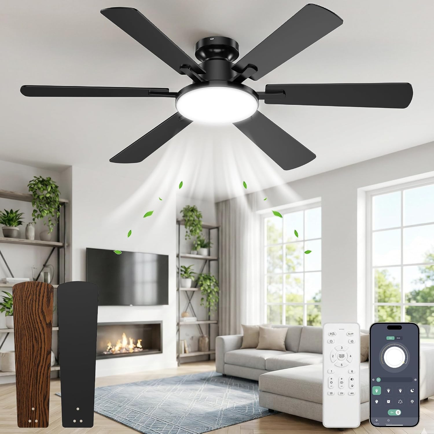 52 Inch Ceiling Fans with Lights, Upgraded 6 Blades Ceiling Fan with Light Remot