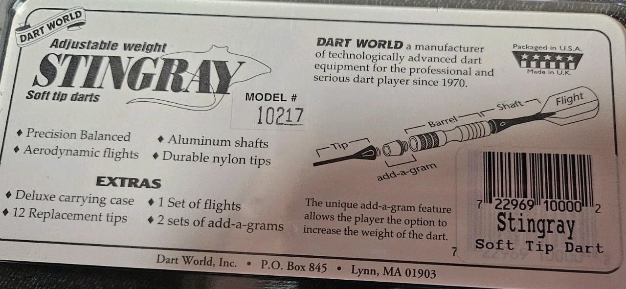 NIB Vintage Dart World Adjustable Weight Stingray Soft Tip Darts Set