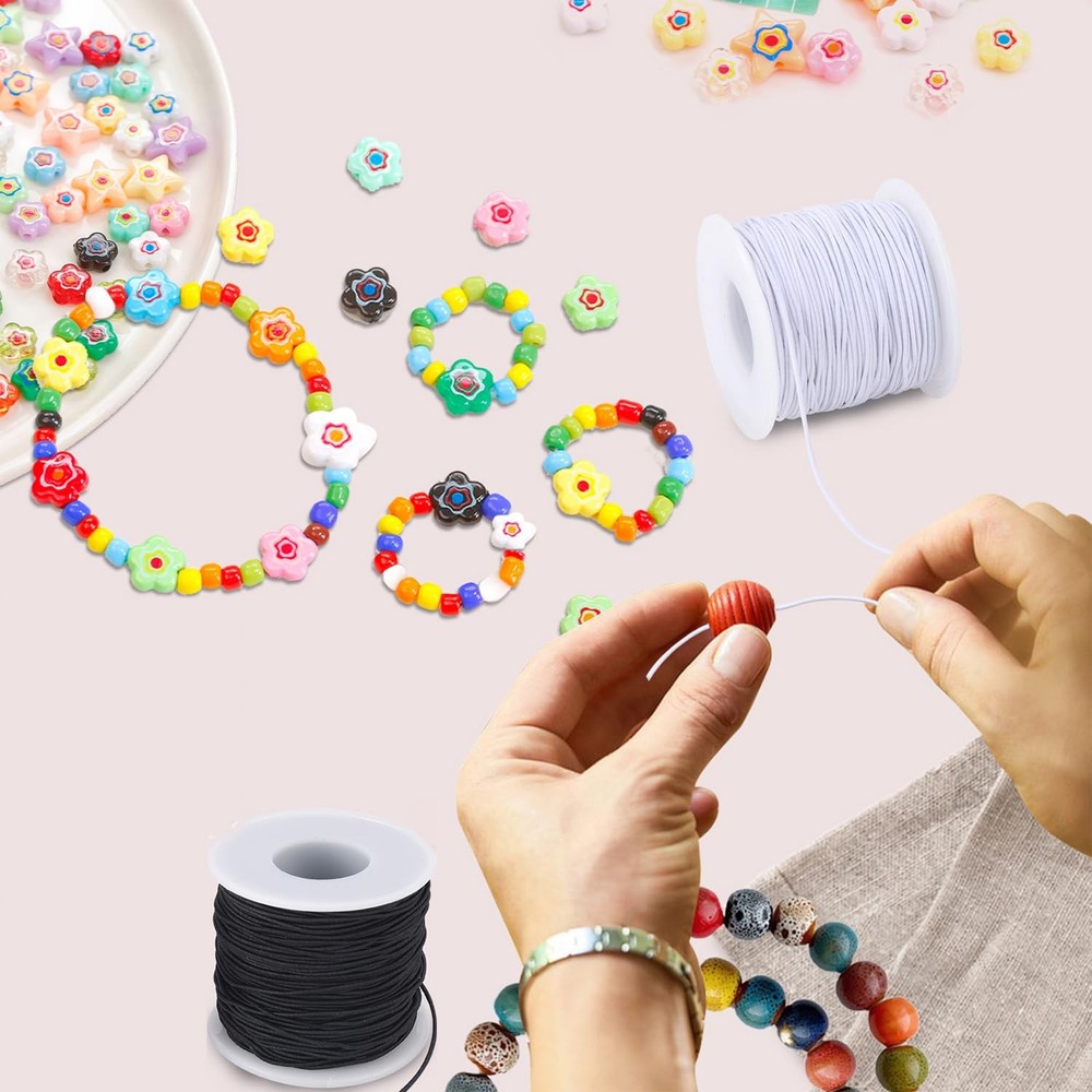 Stretchy String for Bracelets, 2 Rolls White Black (1.0mm), Black&white