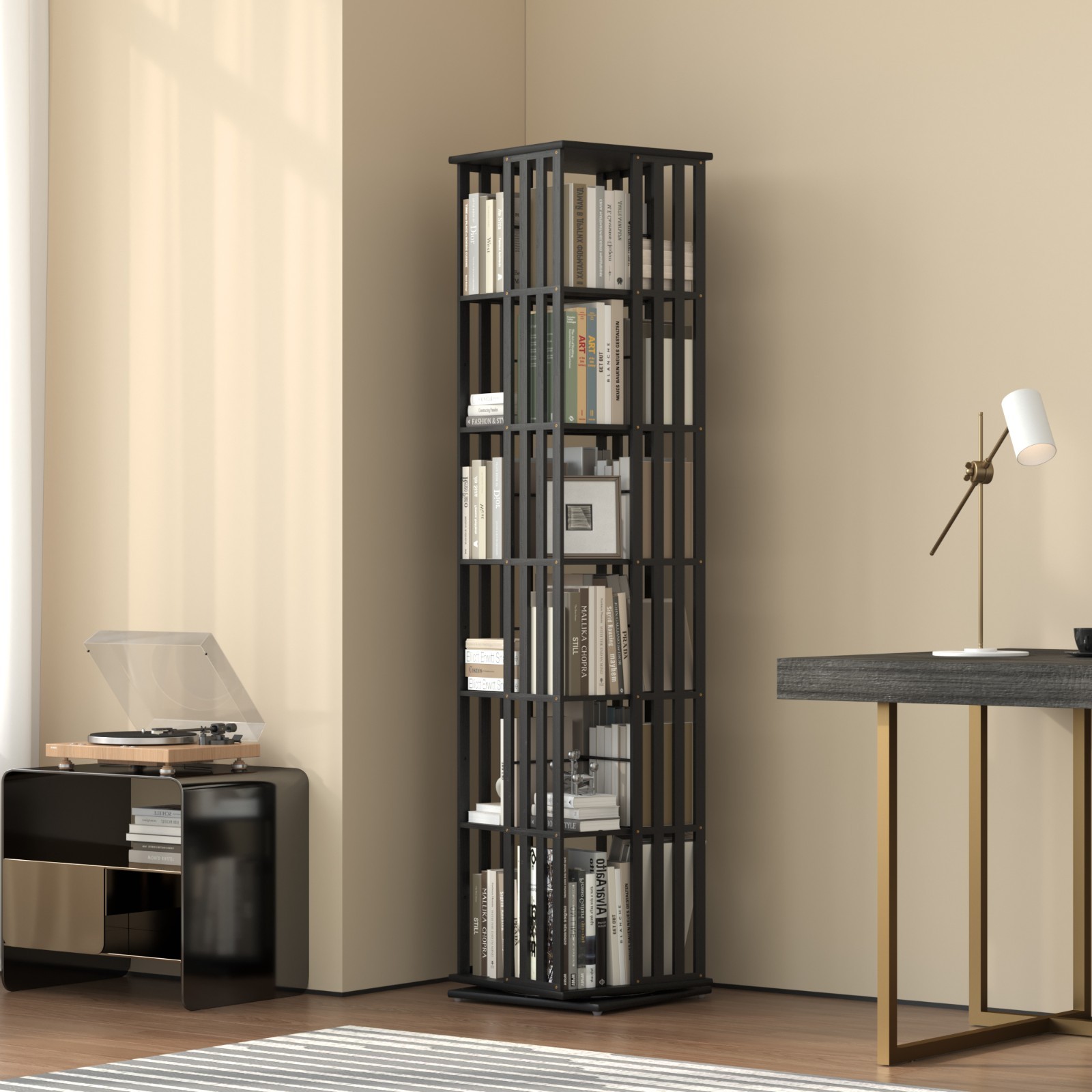 6-Tier Bamboo Rotating Bookcase Tower, 360° Swivel Bookshelf with Floor Storage