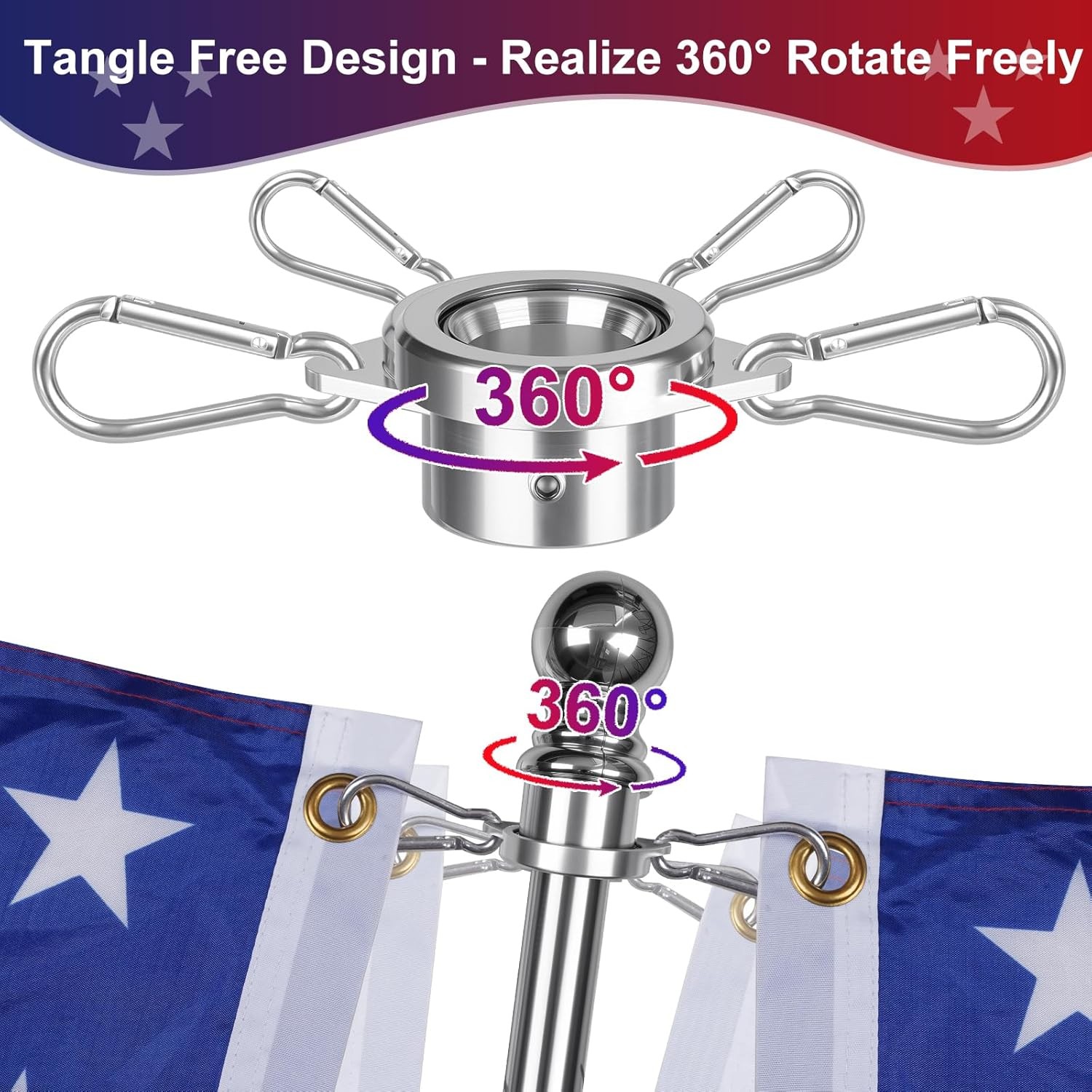 Bearing Steel Ball Flag Pole Rings, Tangle Free Aluminum Alloy Flag Pole Spinner