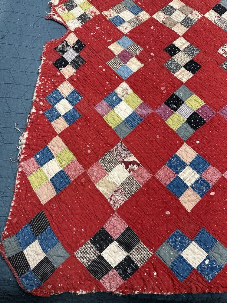 Vtg Nine Patch on Point Quilt Hand Sewn Red Feedsack Patchwork Distressed *Read