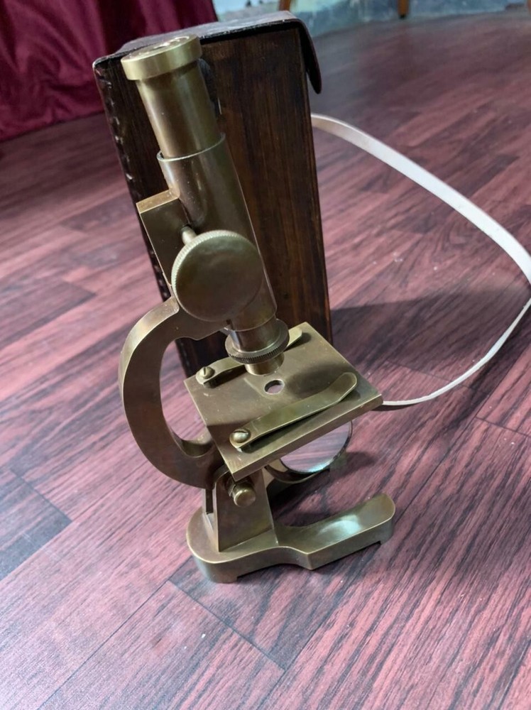 Antique Brass Microscope Student Microscope 7" Monocular Type With Leather Cover