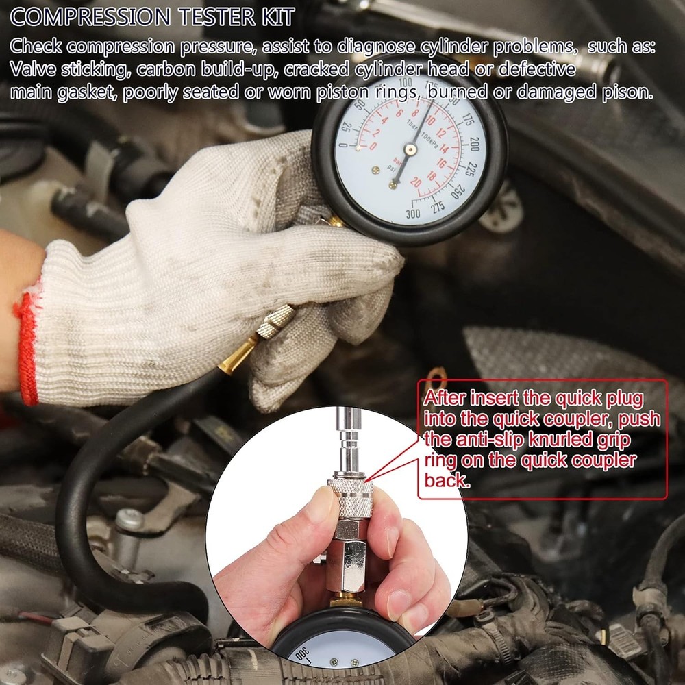 Professional Engine Compression Tester Gauge Kit with Universal Adapters - 9PCS