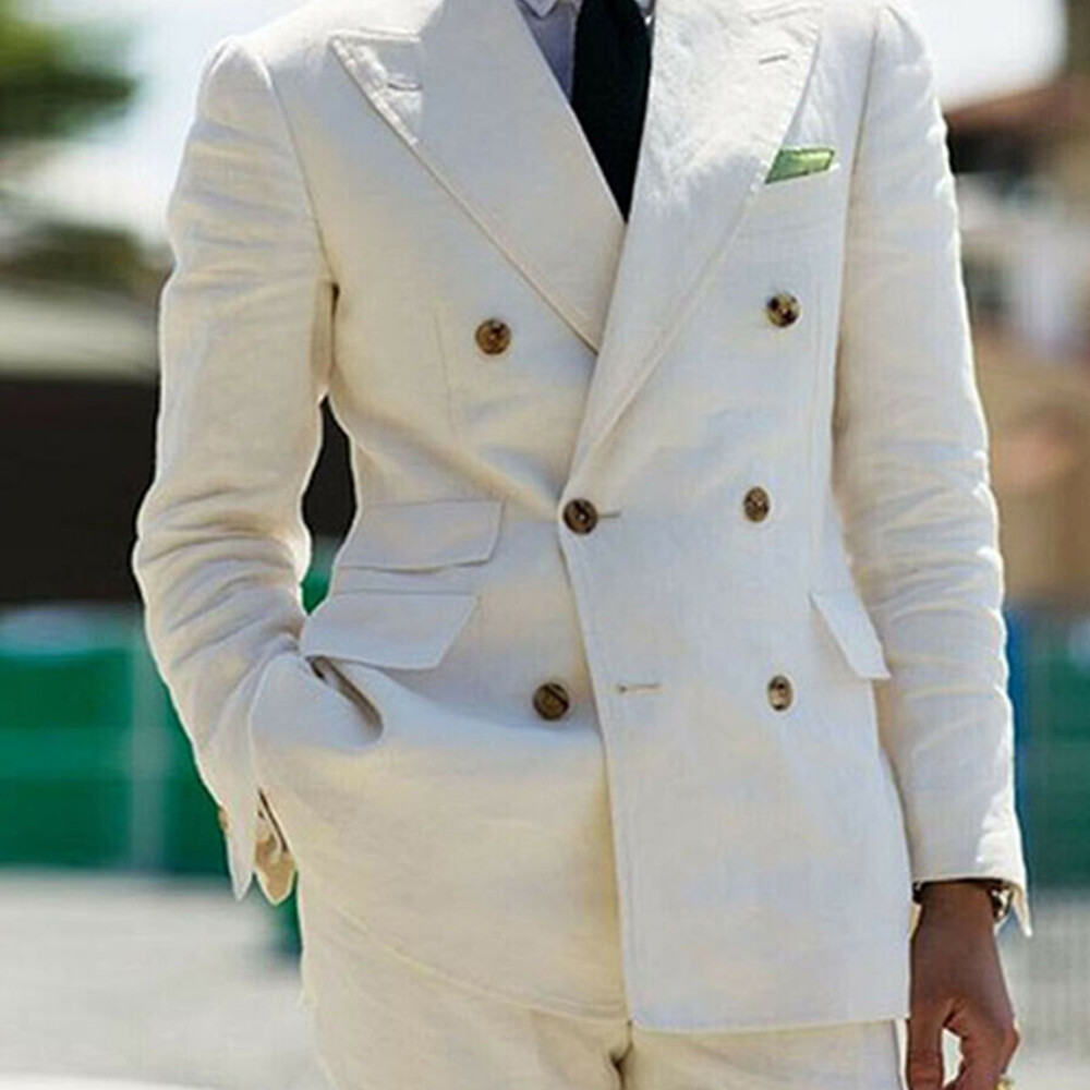 Cream Linen Men Suits Casual Double Breasted Blazer Wide Peak Lapel Groom Tuxedo