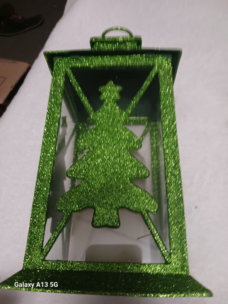 Enesco Xmas Basics Glittered Green Tree Lantern, 14"