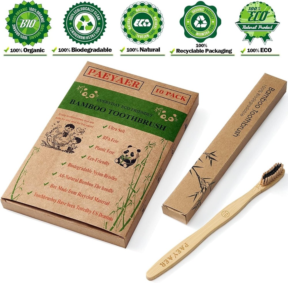 Bamboo Toothbrushes 10 Pack Biodegradable Soft Medium Charcoal Bristles