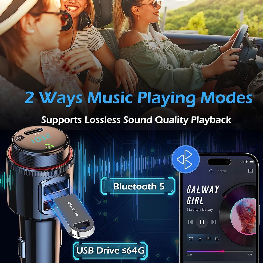 Wireless FM Transmitter QC3.0 & PD Fast Charger MP3 Bluetooth Car Radio Adapter