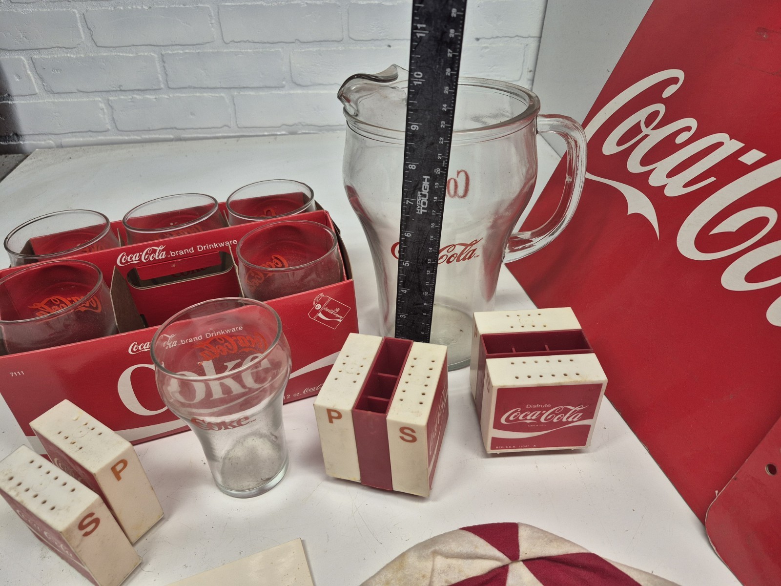 Vintage Coca-Cola Collectible Item Lot Glasses Pitcher Hat Shakers