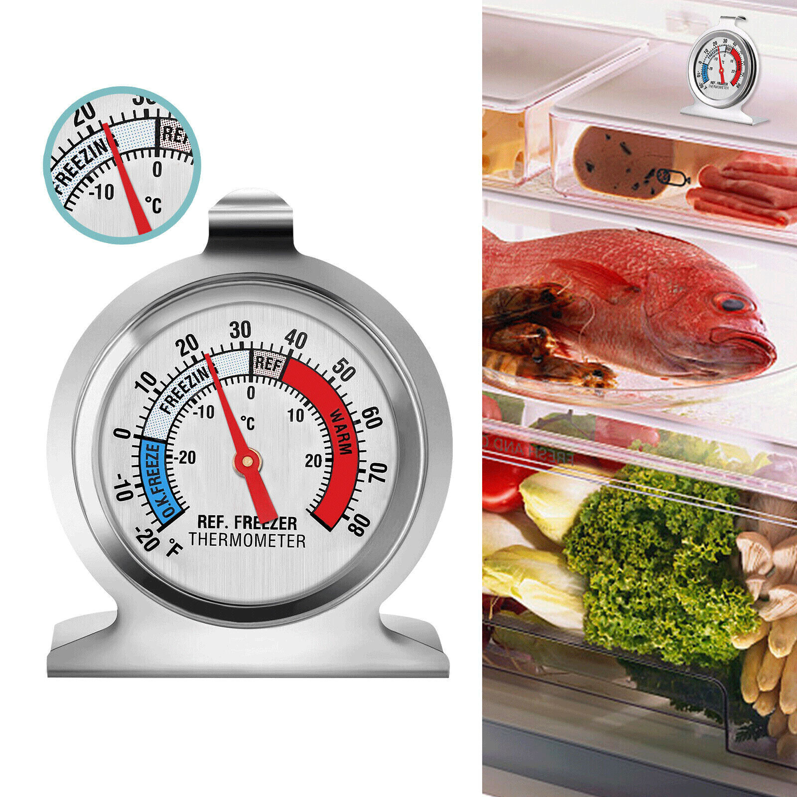 Refrigerator Freezer Thermometer Fridge DIAL Type Stainless Steel Hang Stand 1-4