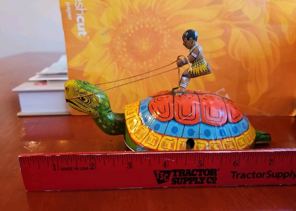 Vintage Antique Tin Toy Wind Up Chein Person Rides Giant Turtle Tortoise Display