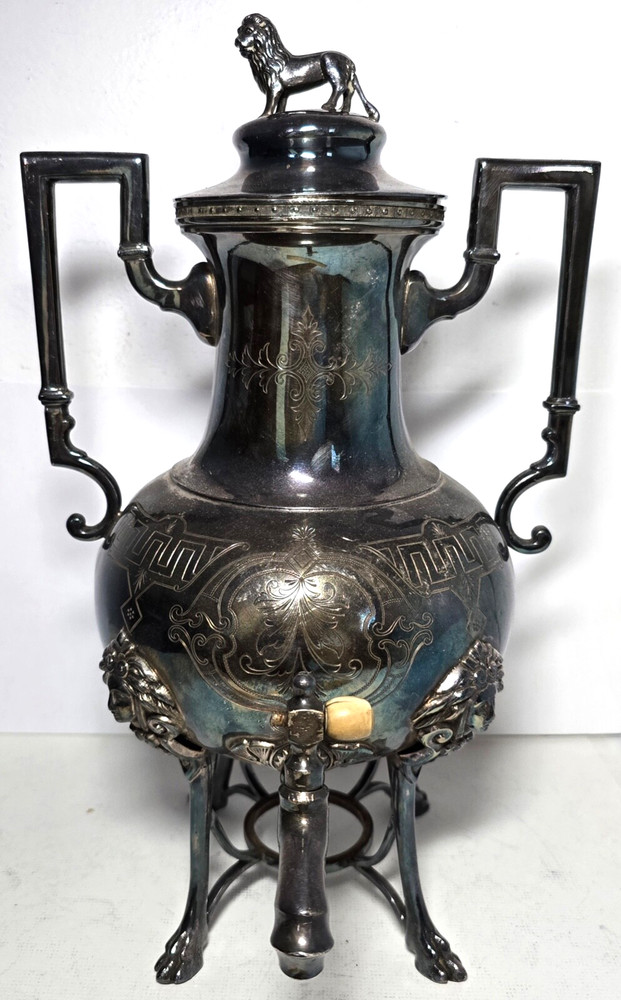 Exceptional Silverplate Coffee Server with Standing Figural Lion Top