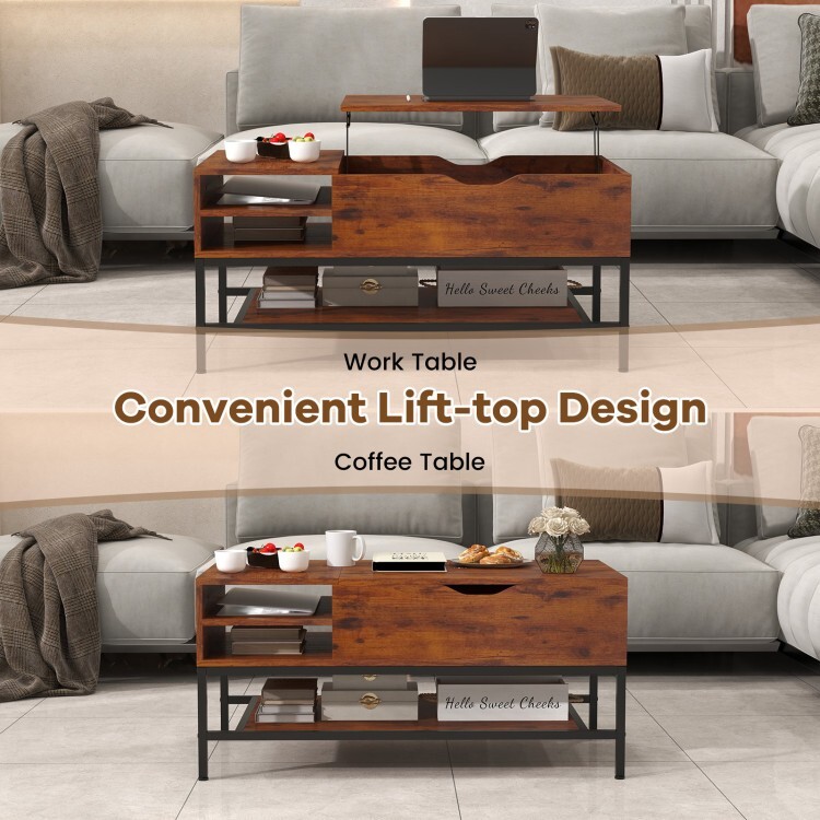 Lift Top Coffee Table, Hidden Storage Space Removable Storage Rack 2 Compartment