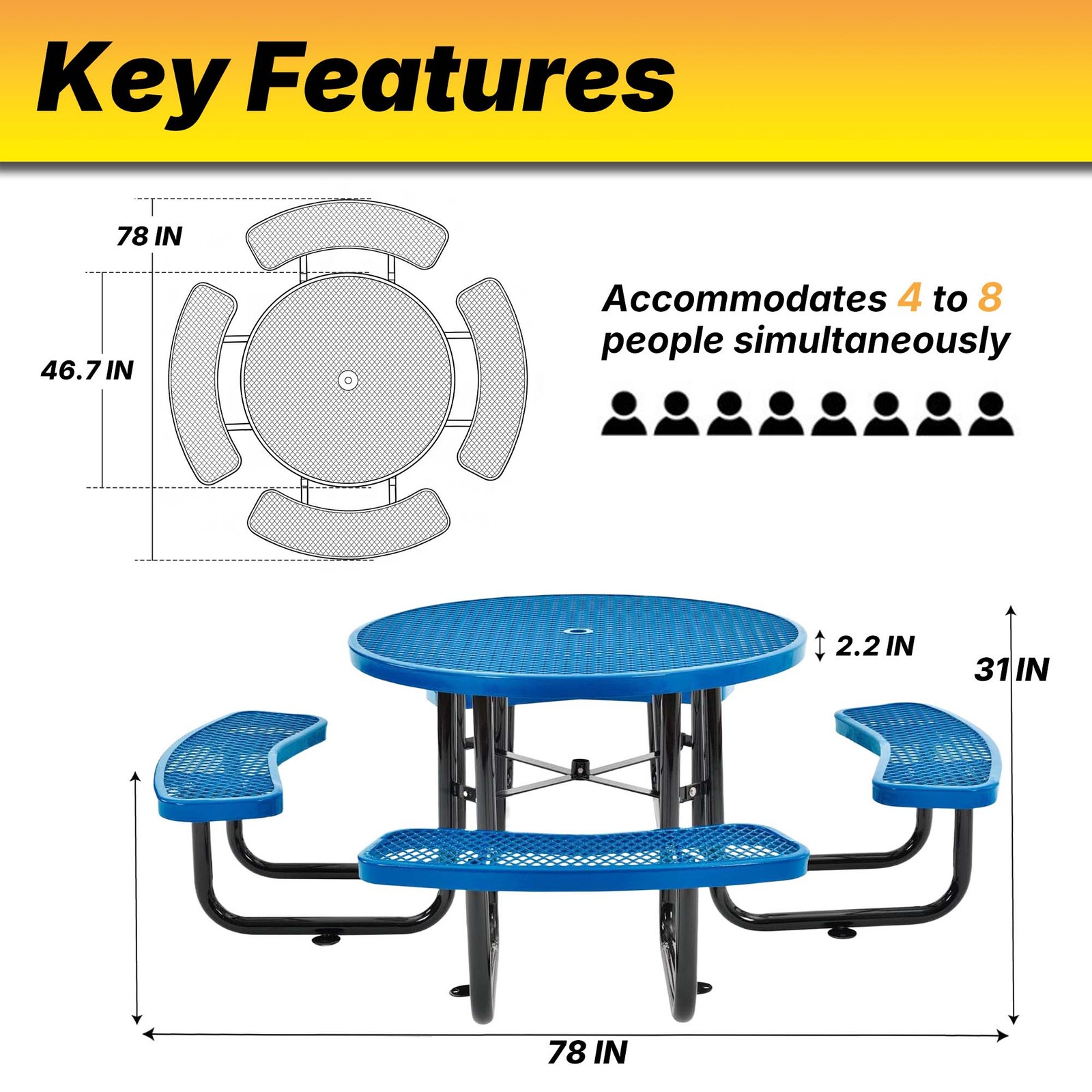 LAUCO 46 Inch Round Metal Picnic Table with Attached Benches, Red Thermoplastic