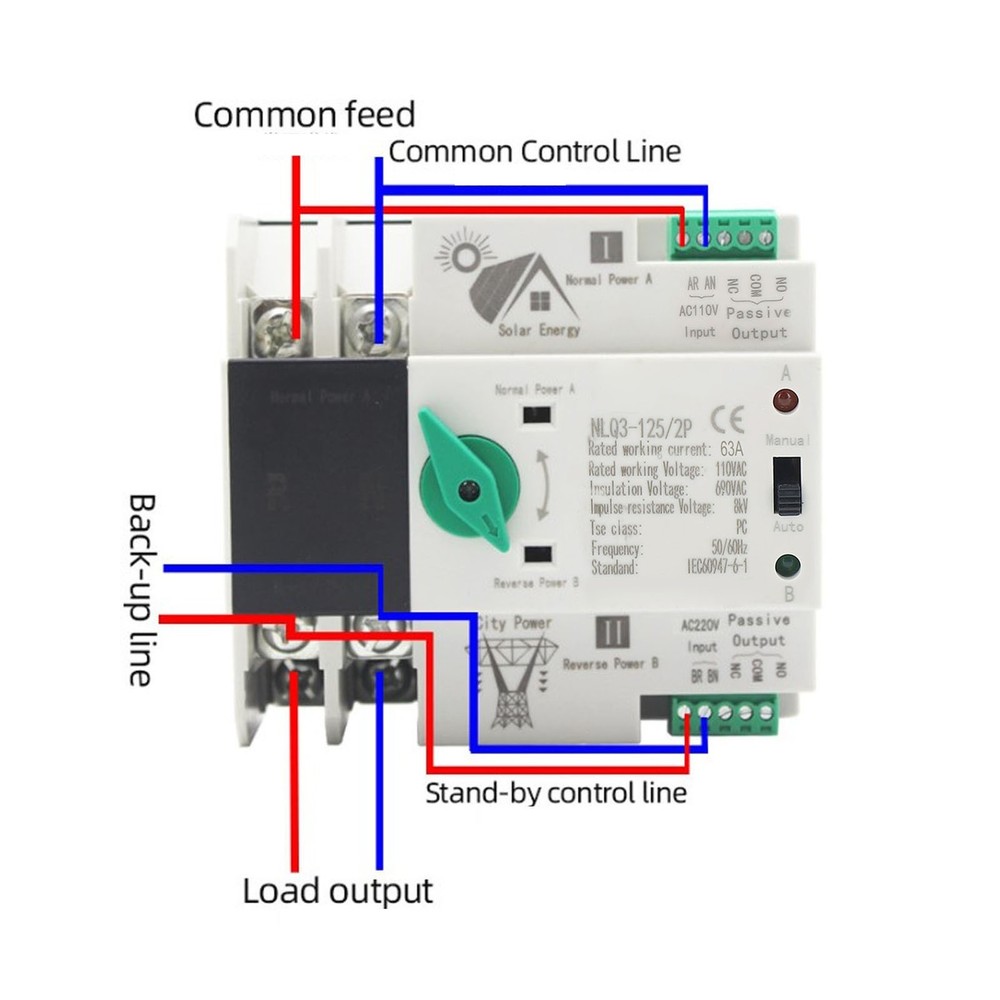 2P 110V 63A Power Automatic Transfer Switch PV Circuit Changeover Switch