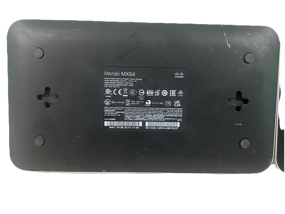 (2) Cisco Meraki MX64 cloud managed security appliance