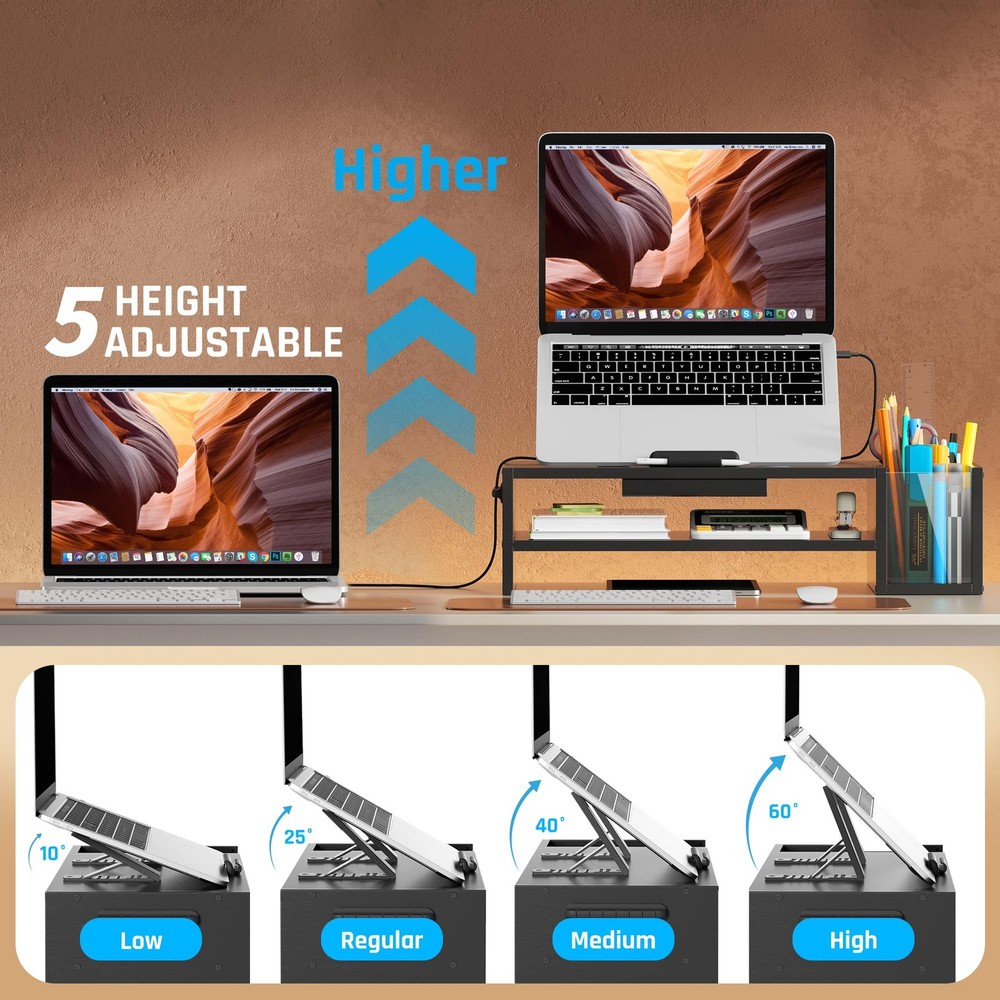 Adjustable Wood Laptop Stand, Ergonomic Height & Angle Computer Riser with Pe...