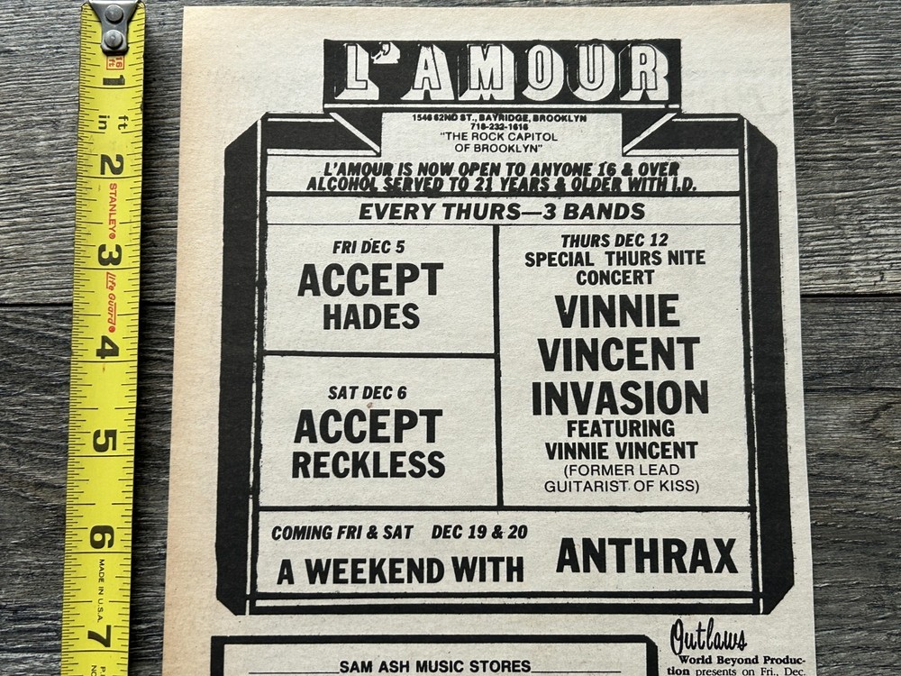 VINNIE VINCENT Invasion Concert Ad Advert Dec 12 1986 L'Amour NYC Vintage Kiss