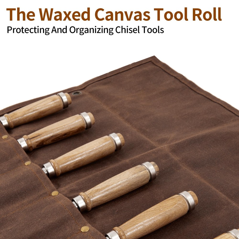 Chisel Roll,6 Pockets Roll Up Tool Pouch,Waxed Canvas Small brown