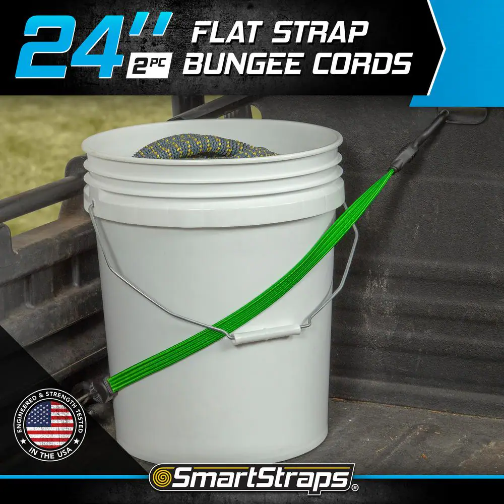 24 In. Green Flat Strap Bungee Cord with Hooks - 2 Pack