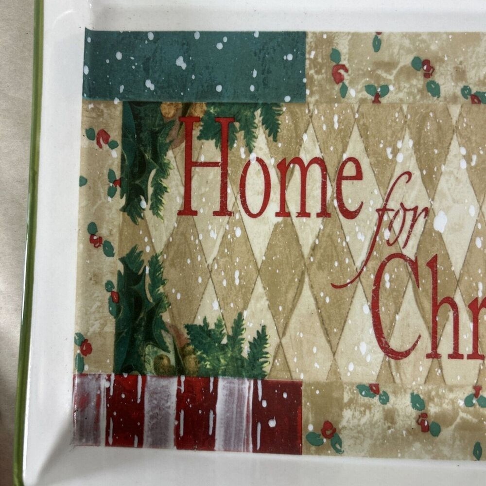 Home For Christmas Stoneware Lime Green Rectangular Serving Platter Retro Vtg