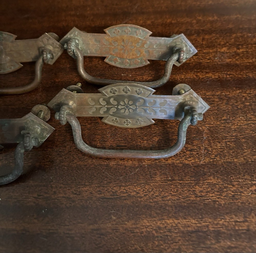 4 Antique Brass Embossed Drawer Pull Handles 3 1/8” Screw Width 4.25” Wide