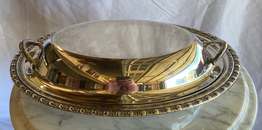 Oval Silverplate Covered Serving Dish Handles Beaded Edge