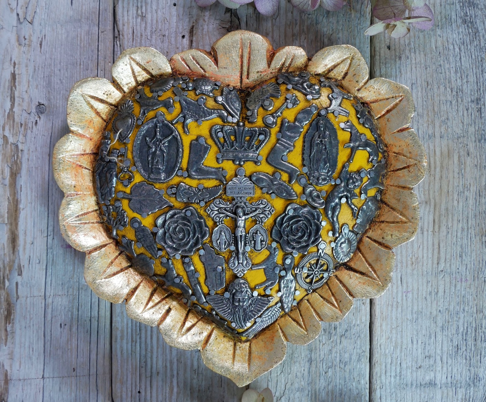 Heart With Gold Baby Feathers Milagros Wood Handmade Mexican Folk Art Love Token