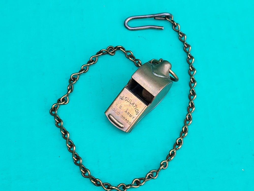 US Army Regulation Whistle WWII w Chain & Hook WW2 Era SOLID BRASS