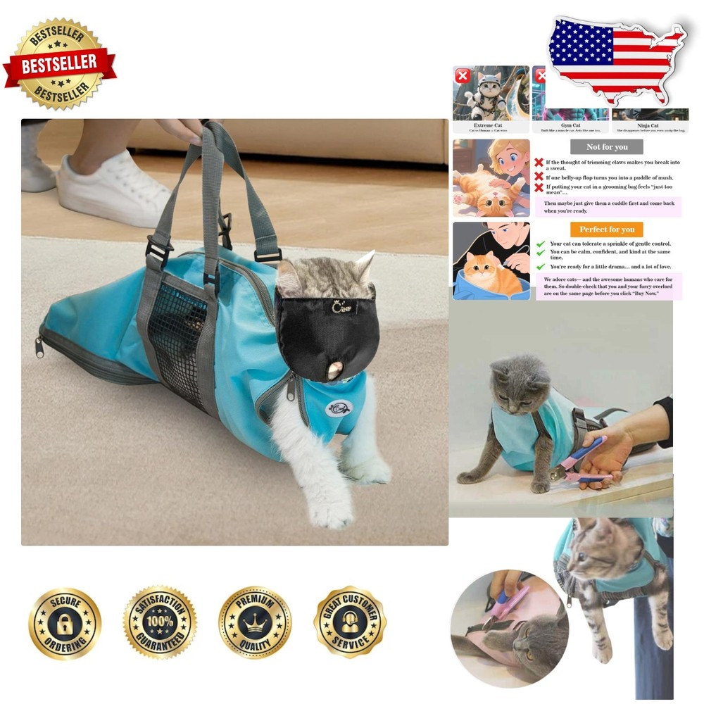 Durable Cat Grooming Bag M-Blue, Includes Muzzle, No Scratch, Bite Prevention