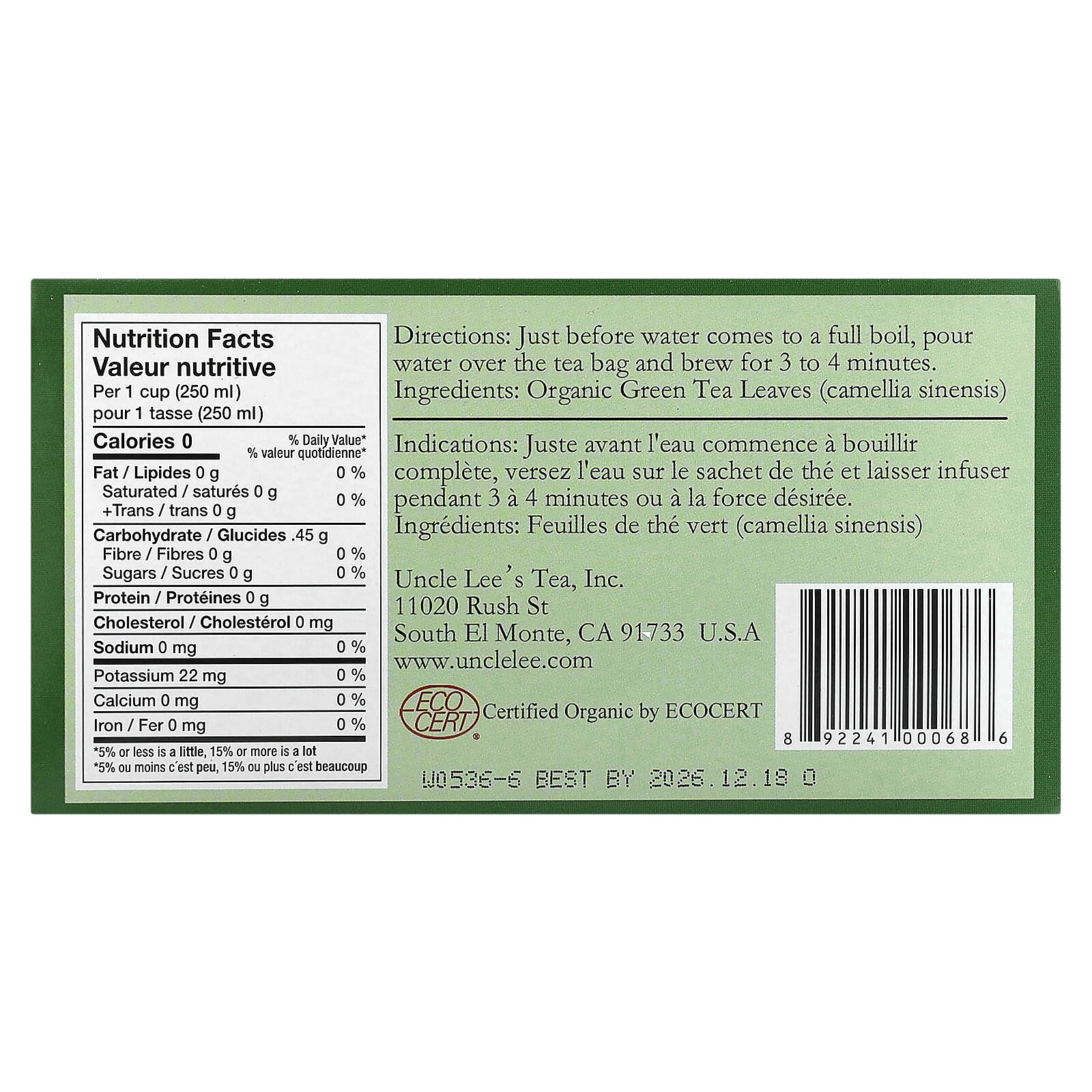 Organic Green Tea, 100 Tea Bags, 5.64 oz (160 g)