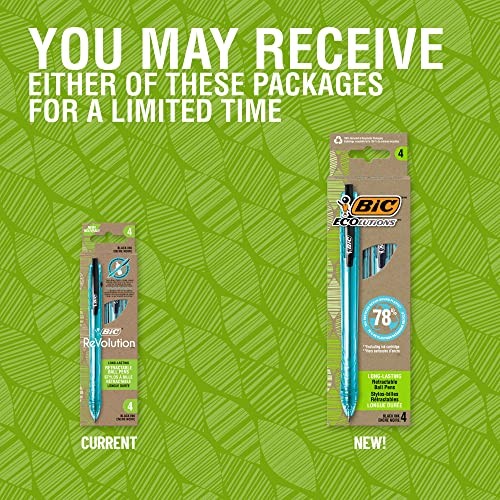 BIC Ecolutions Ocean-Bound Ball Pens, Medium Point (1.0mm), 4-Count Pack, Bla...