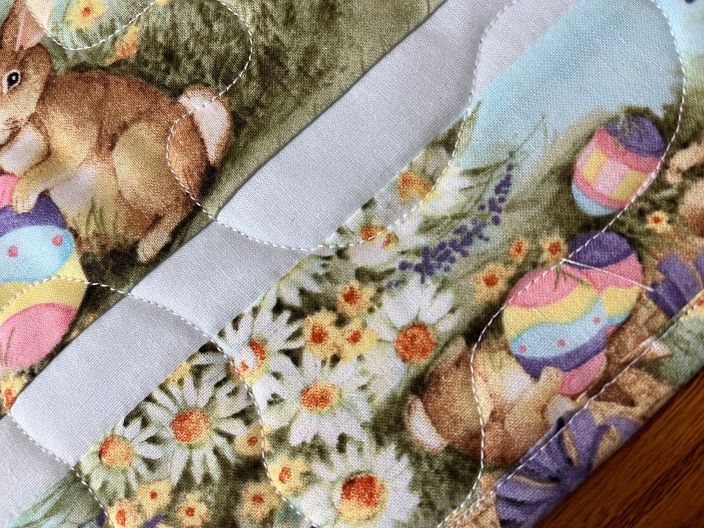 Handcrafted-Quilted Table Runner - Easter Eggs, Bunnies with Flowers NEW 2026