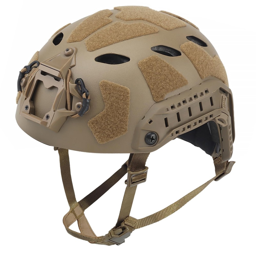 Tactical Airsoft Helmet w/ NVG Mount, Side Rails & Headset Strap - Tan