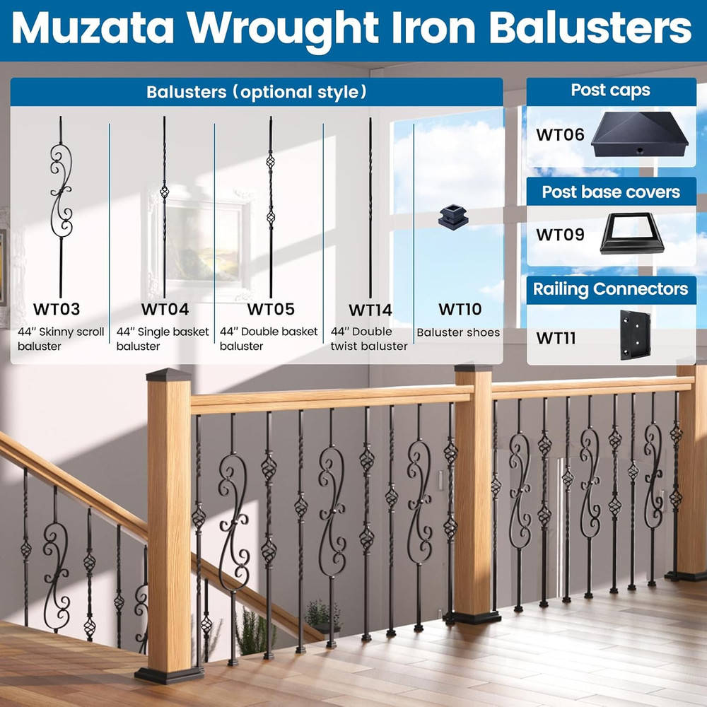 Deck Railing Bracket Kit with 10-Pack 44'' Single Basket Stair Balusters