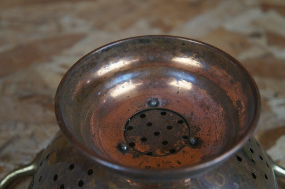 Vintage Stainless Copper Brass Handled Strainer Colander Kitchen Cookware 8"