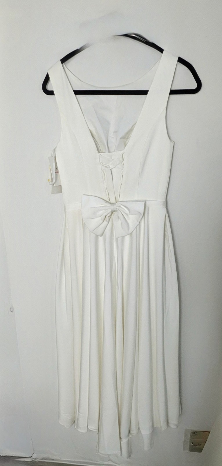 Off White Boatneck Midi Wedding Dress Romantic Lace-Up Back and bow Sz 6 NEW