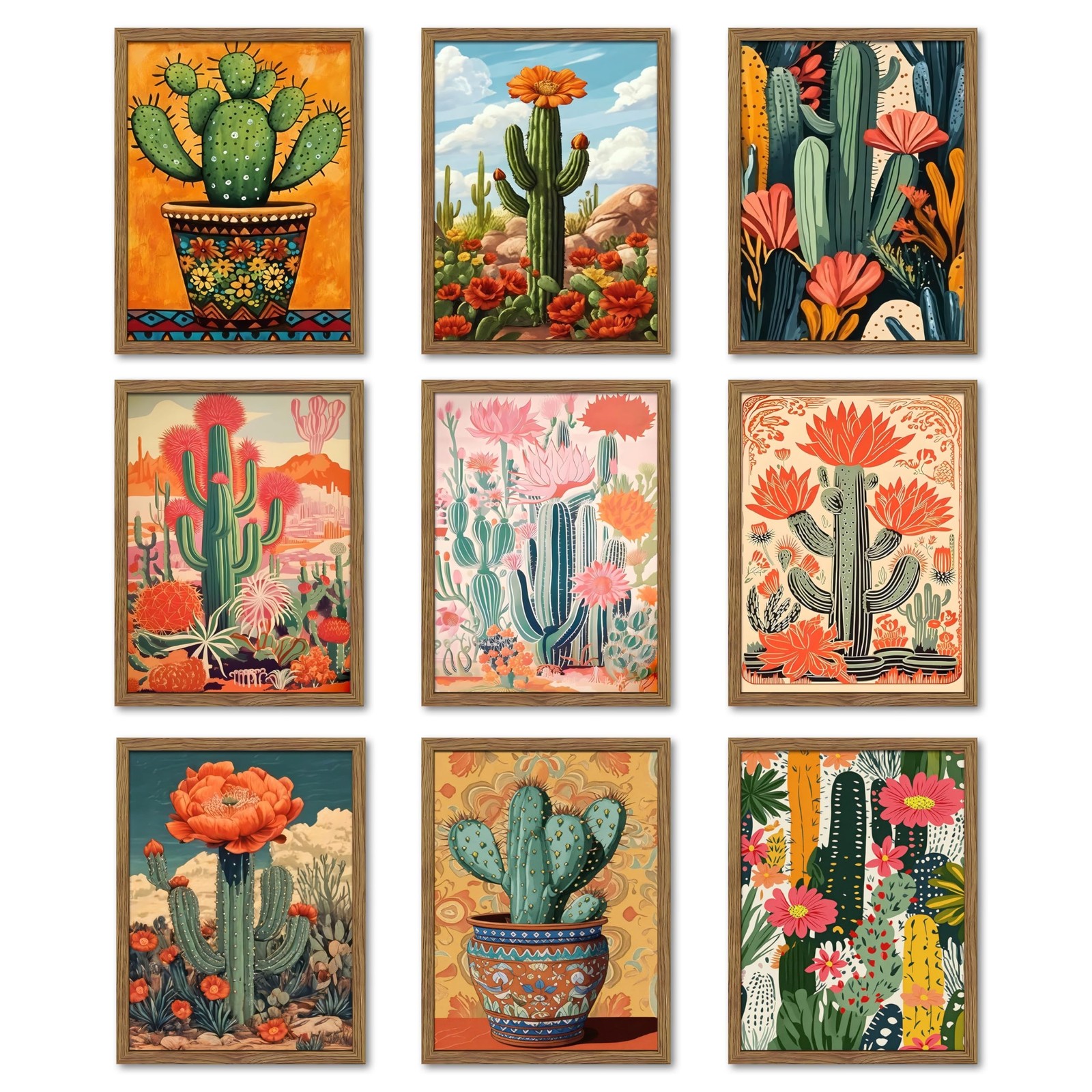 Vintage Desert Cactus Wall Art Prints Set of 9 – Mexican Botanical Cactus