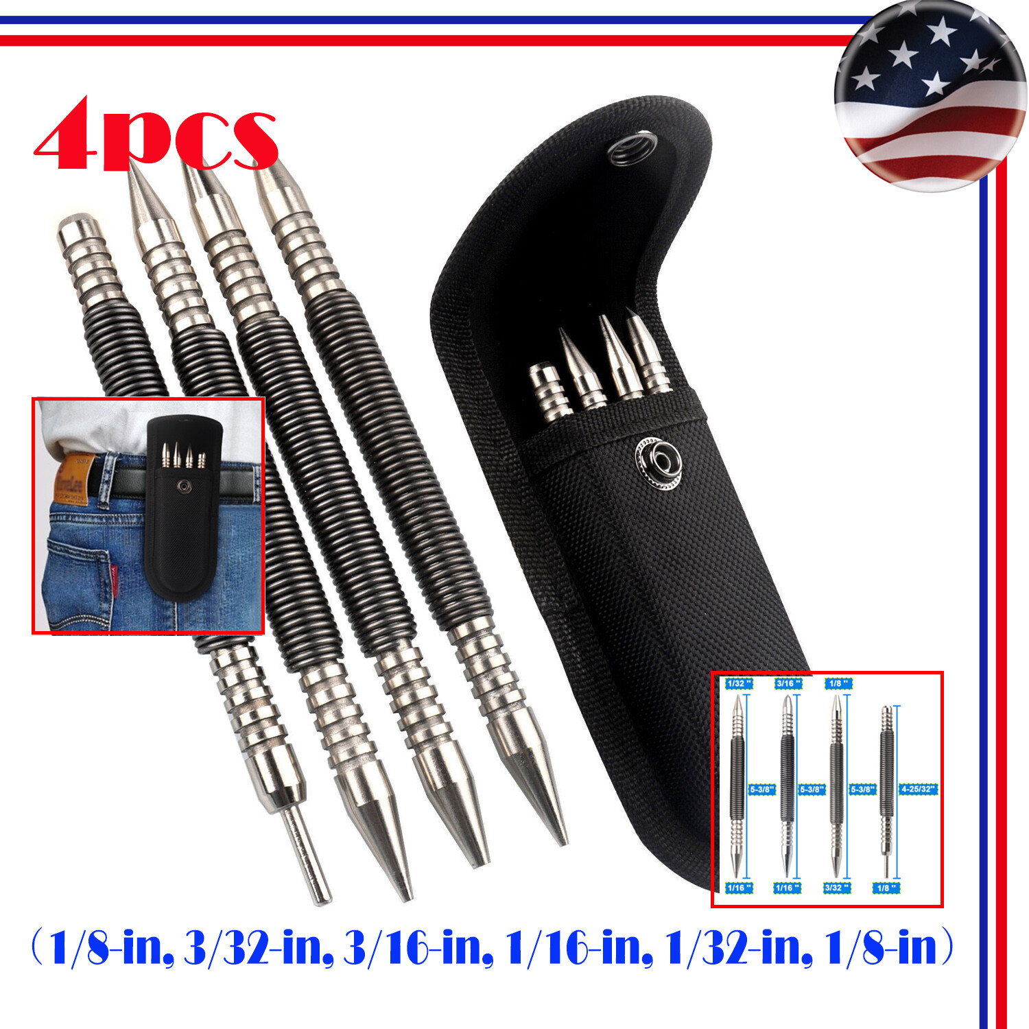 4-Piece Spring Loaded Nail Set, Dual Head Nail Setter and Hinge Pin Punch Remove